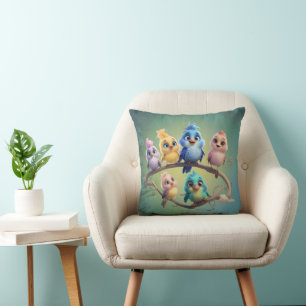 A cute cartoon bird parade in vibrant colours. cushion