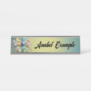 A cute cartoon bird parade in vibrant colours. desk name plate
