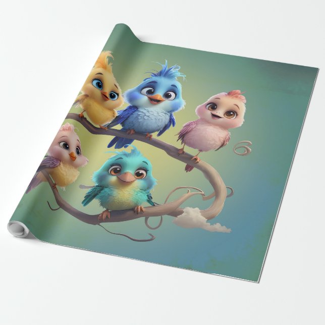 A cute cartoon bird parade in vibrant colours.  wrapping paper (Unrolled)