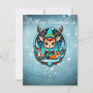 A cute cartoon style reindeer elf holiday card