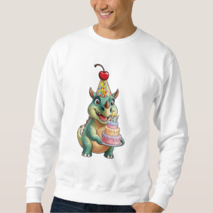 A cute cartoon Triceratops with a birthday hat and Sweatshirt