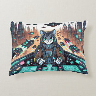 A cute cat like pilot navigates futuristic decorative cushion