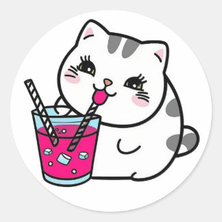 A cute cat pink drink a straw  classic round sticker