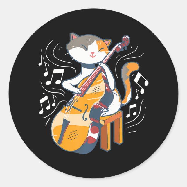 A Cute Cat Playing The Double Bass Classic Round Sticker (Front)