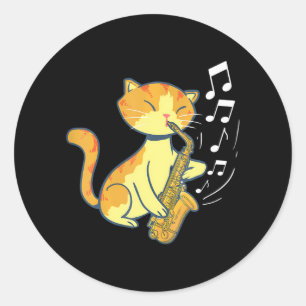 A cute Cat playing the Saxophone Classic Round Sticker