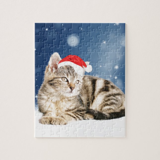 A Cute Cat wearing red Santa hat Christmas Snow Jigsaw Puzzle (Vertical)