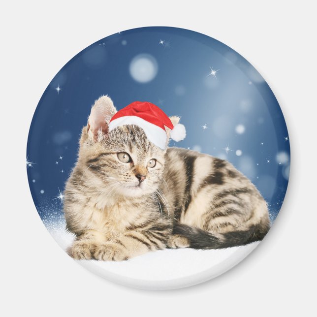 A Cute Cat wearing red Santa hat Christmas Snow Magnet (Front)