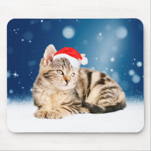 A Cute Cat wearing red Santa hat Christmas Snow Mouse Mat