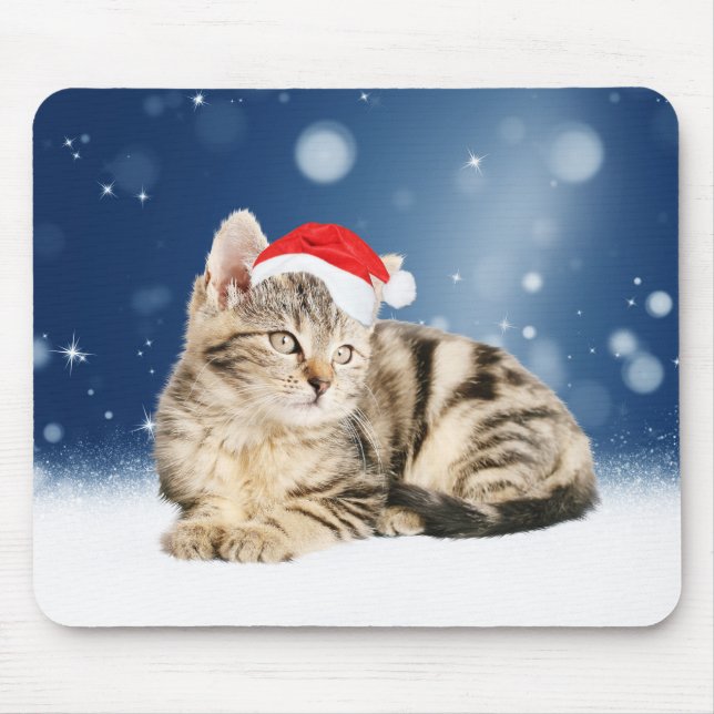 A Cute Cat wearing red Santa hat Christmas Snow Mouse Mat (Front)