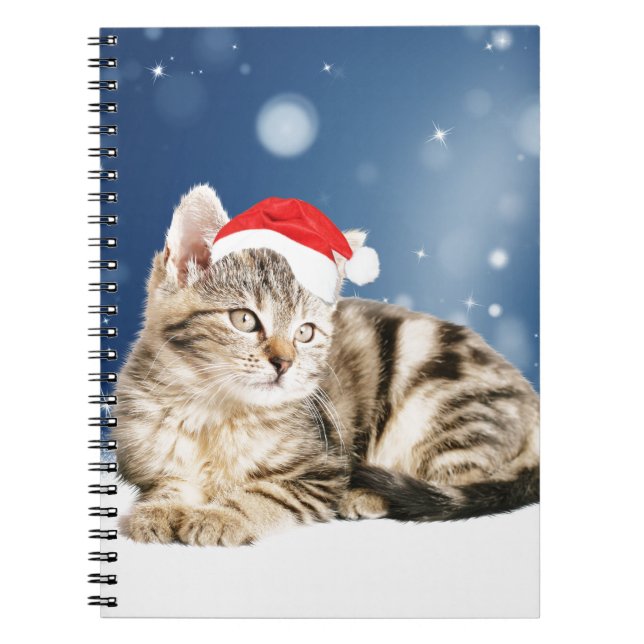A Cute Cat wearing red Santa hat Christmas Snow Notebook (Front)