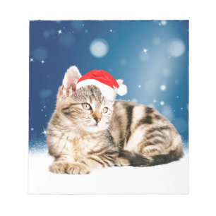 A Cute Cat wearing red Santa hat Christmas Snow Notepad