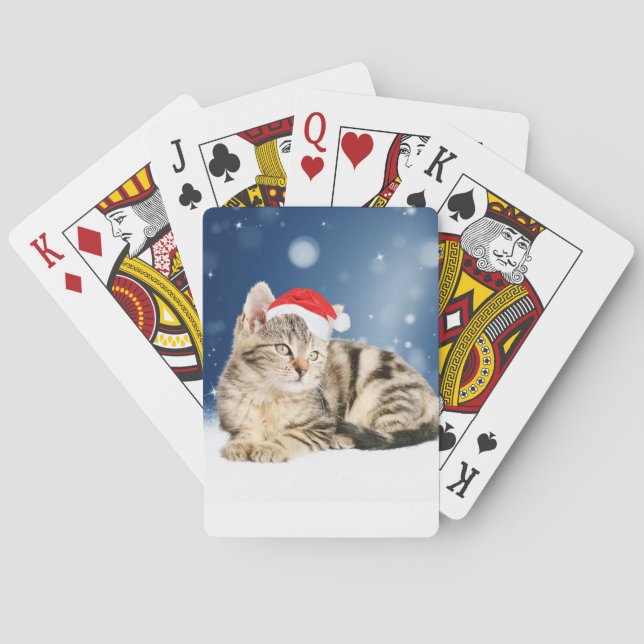 A Cute Cat wearing red Santa hat Christmas Snow Playing Cards (Back)