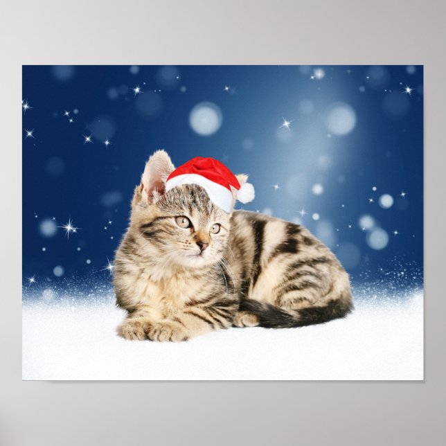A Cute Cat wearing red Santa hat Christmas Snow Poster (Front)