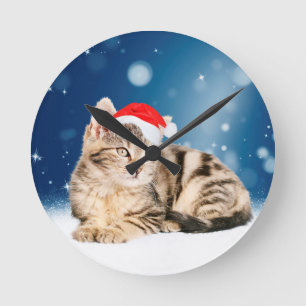 A Cute Cat wearing red Santa hat Christmas Snow Round Clock