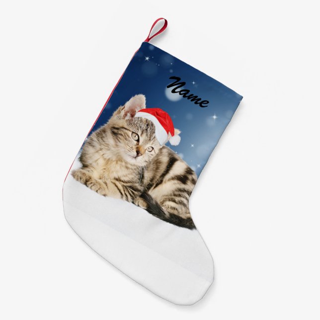 A Cute Cat wearing red Santa hat Christmas Snow Small Christmas Stocking (Front (Hanging))