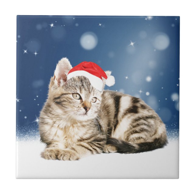 A Cute Cat wearing red Santa hat Christmas Snow Tile (Front)