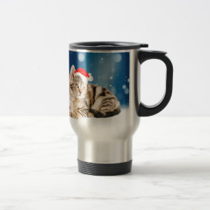 A Cute Cat wearing red Santa hat Christmas Snow Travel Mug