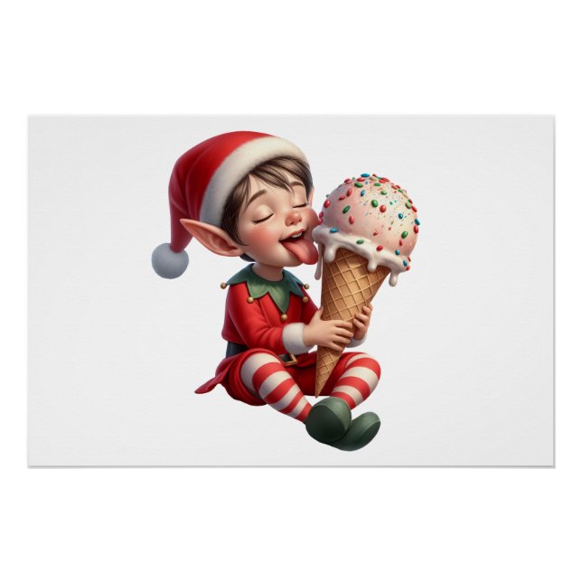 A cute Christmas Elf enjoying an ice cream cone Poster (Front)