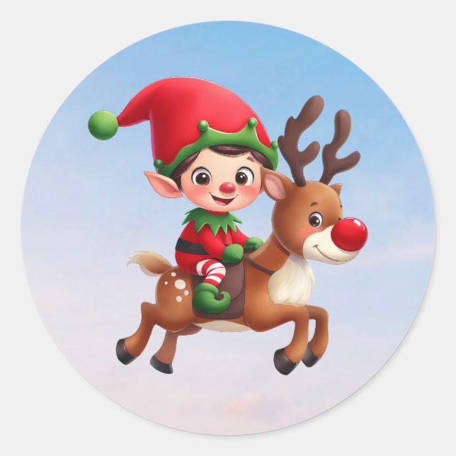 A cute Christmas Elf getting a ride on Rudolph Classic Round Sticker (Front)
