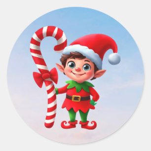A cute Christmas Elf holding a candy cane Classic Round Sticker