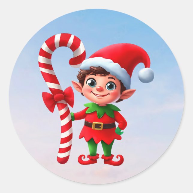 A cute Christmas Elf holding a candy cane Classic Round Sticker (Front)