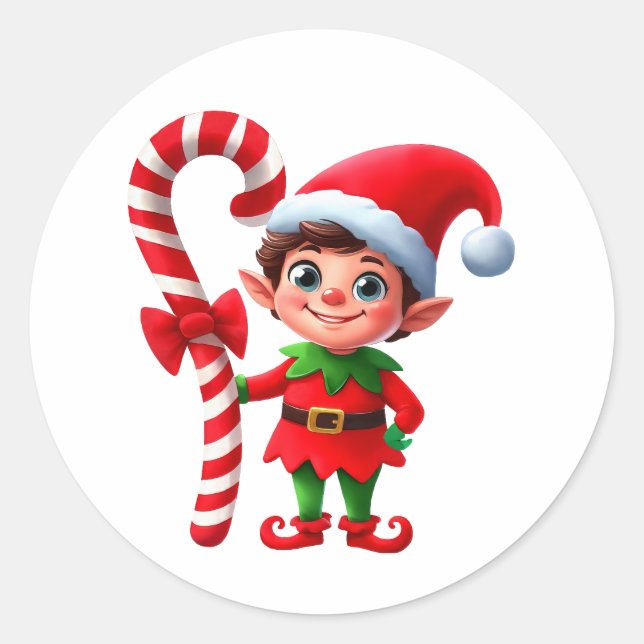 A cute Christmas Elf holding a candy cane Classic Round Sticker (Front)