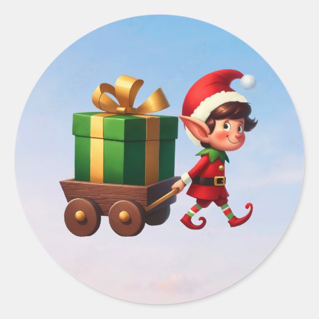 A cute Christmas Elf pulling a wagon with a gift Classic Round Sticker (Front)