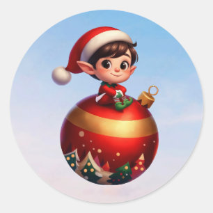 A cute Christmas Elf sitting on a giant ornament Classic Round Sticker