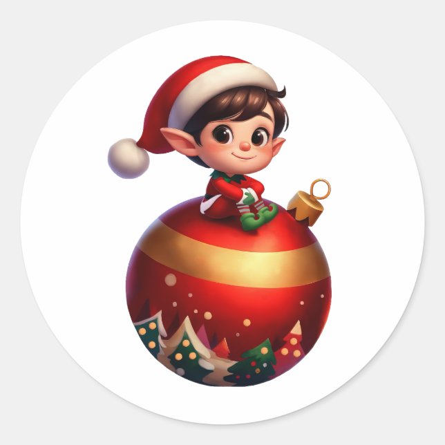 A cute Christmas Elf sitting on a giant ornament Classic Round Sticker (Front)