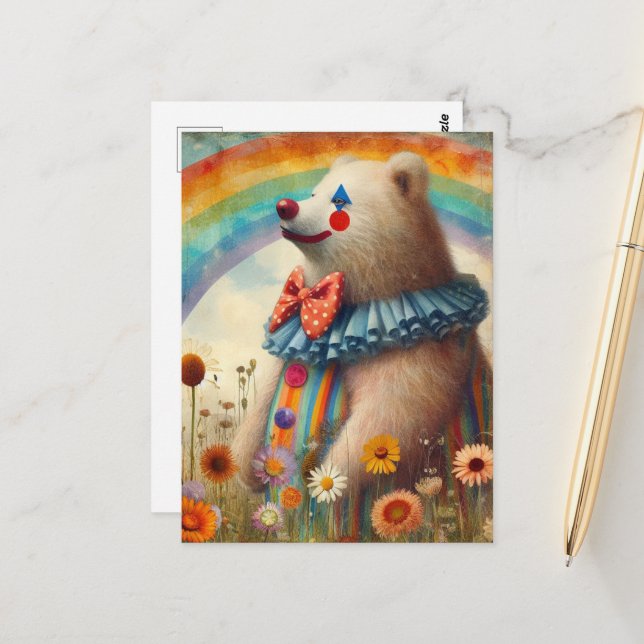 A Cute Clown Bear in a Rainbow Meadow Postcard (Front/Back In Situ)
