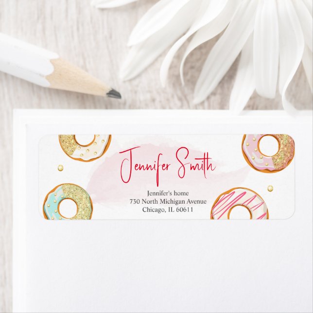 A cute coloured doughnut Baby shower address Label (Insitu)