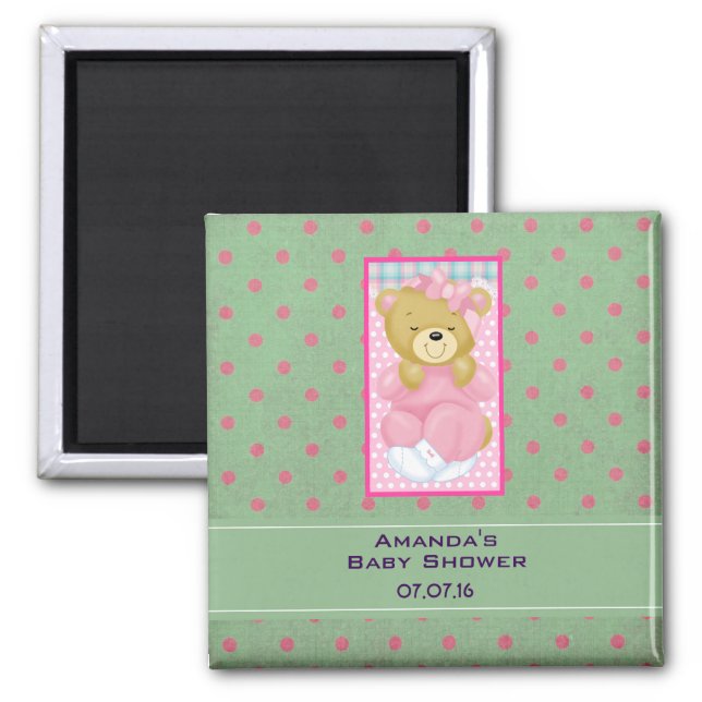 A Cute Cuddly Bear Dressed in Pink Baby Shower Magnet (Front)