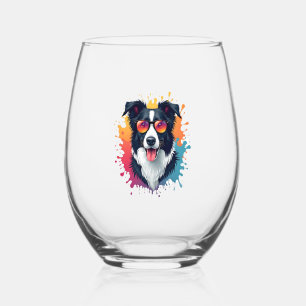 A cute dog Border Collie [RB#10009]  Stemless Wine Glass