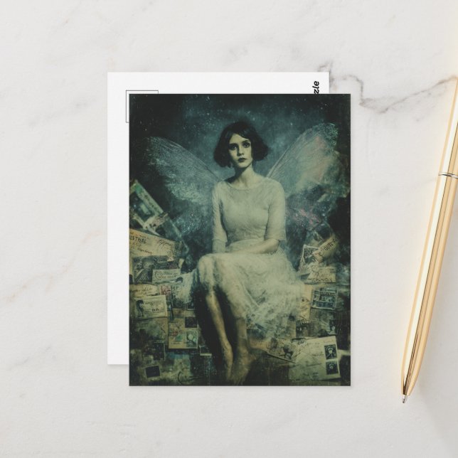 A Cute Fairy Sits on Vintage Postcards Pile (Front/Back In Situ)