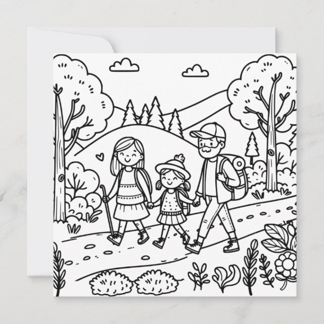 A cute Family Hiking and Camping Colouring Page (Front)