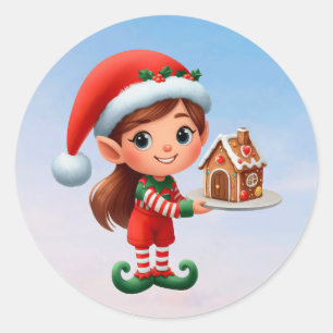 A cute female Elf holding a gingerbread house Classic Round Sticker