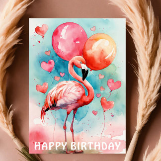 A Cute flamingo with ballons heart birthday  Card
