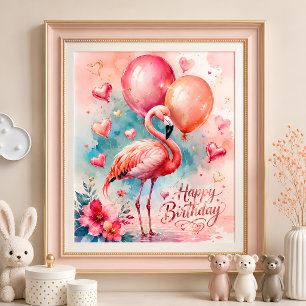 A Cute flamingo with ballons heart birthday  Poster