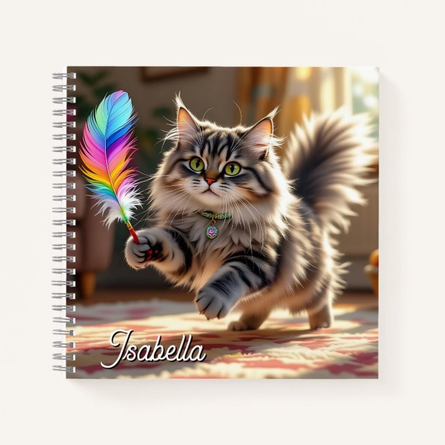 A Cute Fluffy Cat Chasing a Feather Notebook (Front)