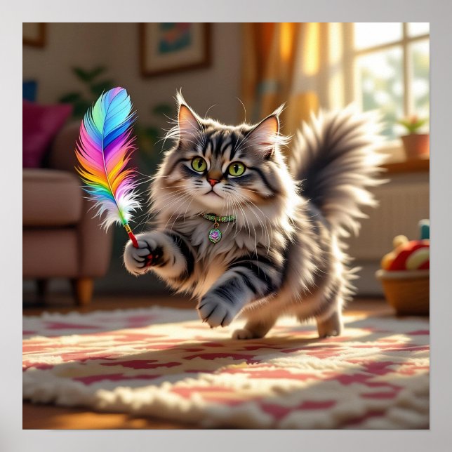 A Cute Fluffy Cat Chasing a Feather Poster (Front)