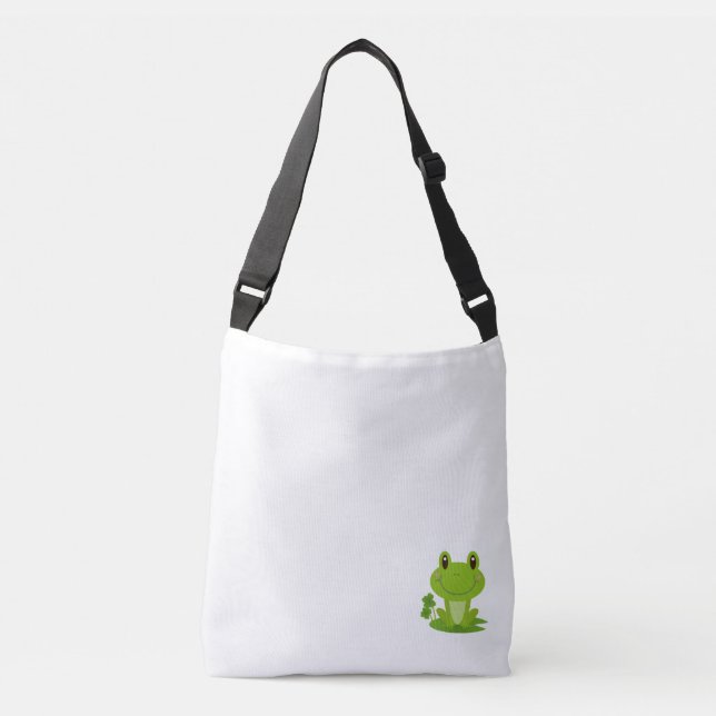 A cute frog graphic on a tote bag. (Front)