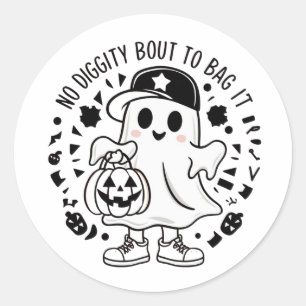 A cute ghost holding a pumpkin candy bag classic round sticker