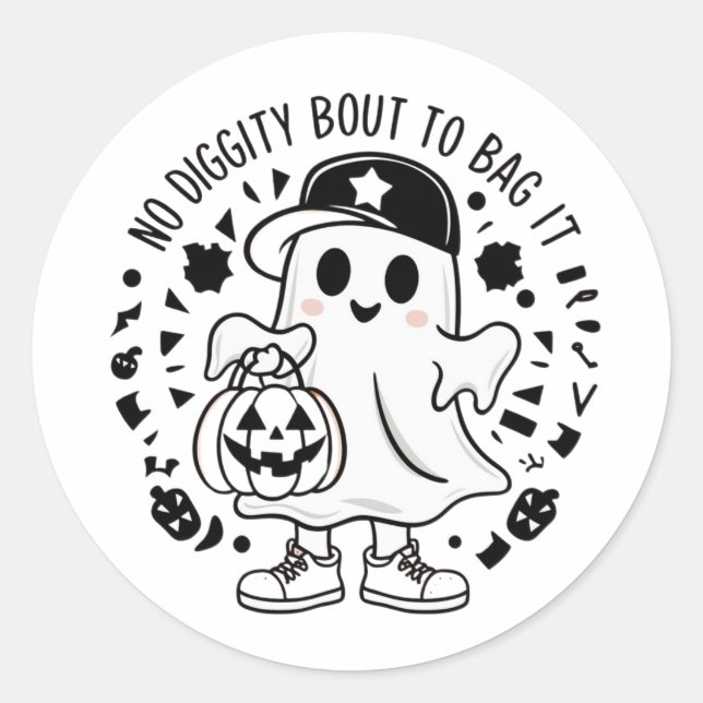 A cute ghost holding a pumpkin candy bag classic round sticker (Front)