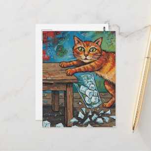 A cute ginger cat knocks over a glass of ice postcard