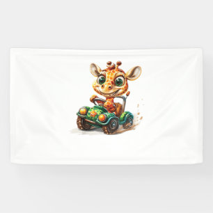 A Cute Giraffe Driving A Car On Road, With A Happy Banner
