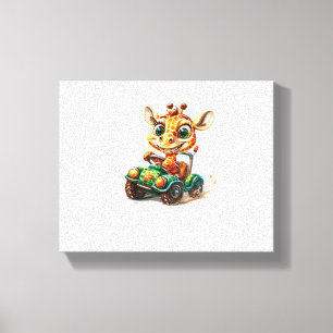 A Cute Giraffe Driving A Car On Road, With A Happy Canvas Print