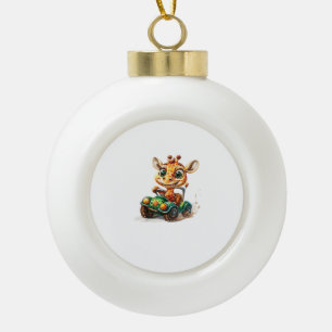 A Cute Giraffe Driving A Car On Road, With A Happy Ceramic Ball Christmas Ornament