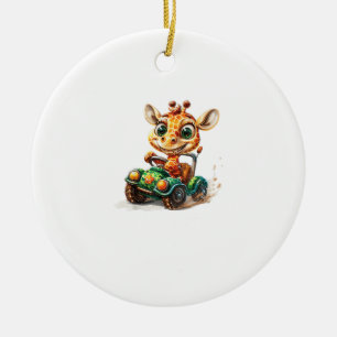 A Cute Giraffe Driving A Car On Road, With A Happy Ceramic Tree Decoration
