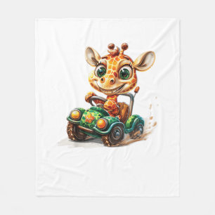 A Cute Giraffe Driving A Car On Road, With A Happy Fleece Blanket