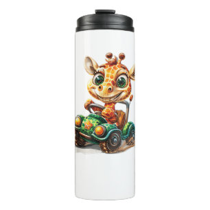 A Cute Giraffe Driving A Car On Road, With A Happy Thermal Tumbler